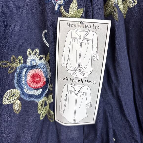 Anthropologie Fig and Flower Tunic XL Embroidered Floral Button Long Sleeve Blue - Picture 4 of 11